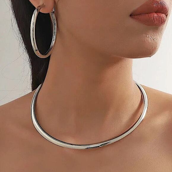 Jewelry - Silver Tube Collar Torques Choker Earrings Hoop Matching Set